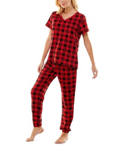 Women's Butterknit Printed Short Sleeve Top and Jogger Matching Set Red $14.52 Sleepwear