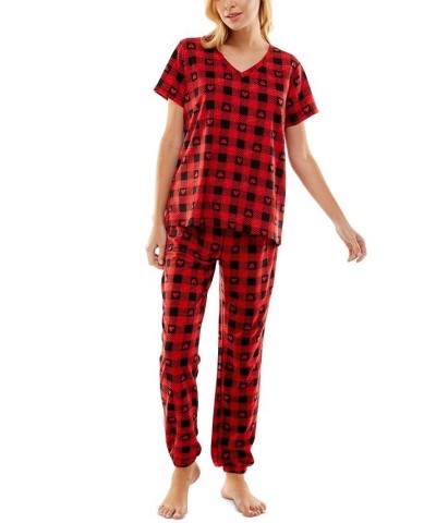 Women's Butterknit Printed Short Sleeve Top and Jogger Matching Set Red $14.52 Sleepwear