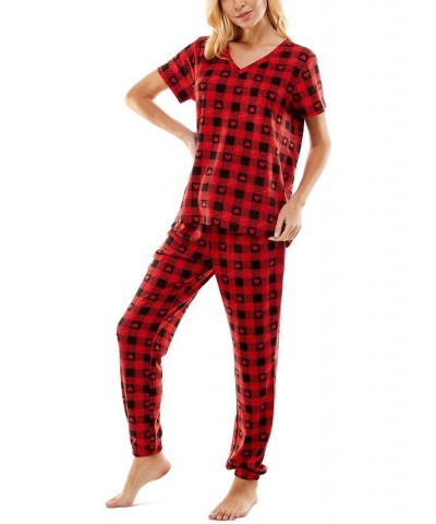 Women's Butterknit Printed Short Sleeve Top and Jogger Matching Set Red $14.52 Sleepwear