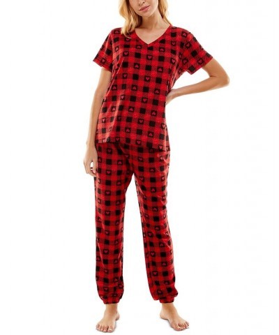 Women's Butterknit Printed Short Sleeve Top and Jogger Matching Set Red $14.52 Sleepwear