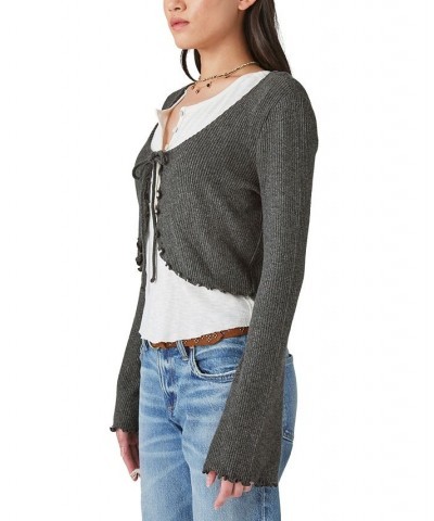 Women's Cloud Ribbed Tie-Front Cardigan Charcoal Heather $27.37 Tops