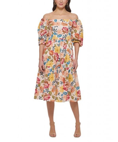 Women's Off-The-Shoulder Balloon-Sleeve Midi Dress Ivory Multi $71.10 Dresses