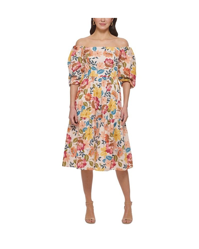 Women's Off-The-Shoulder Balloon-Sleeve Midi Dress Ivory Multi $71.10 Dresses