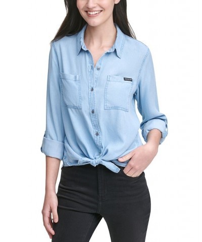 Petite Utility Shirt Blue $22.89 Tops