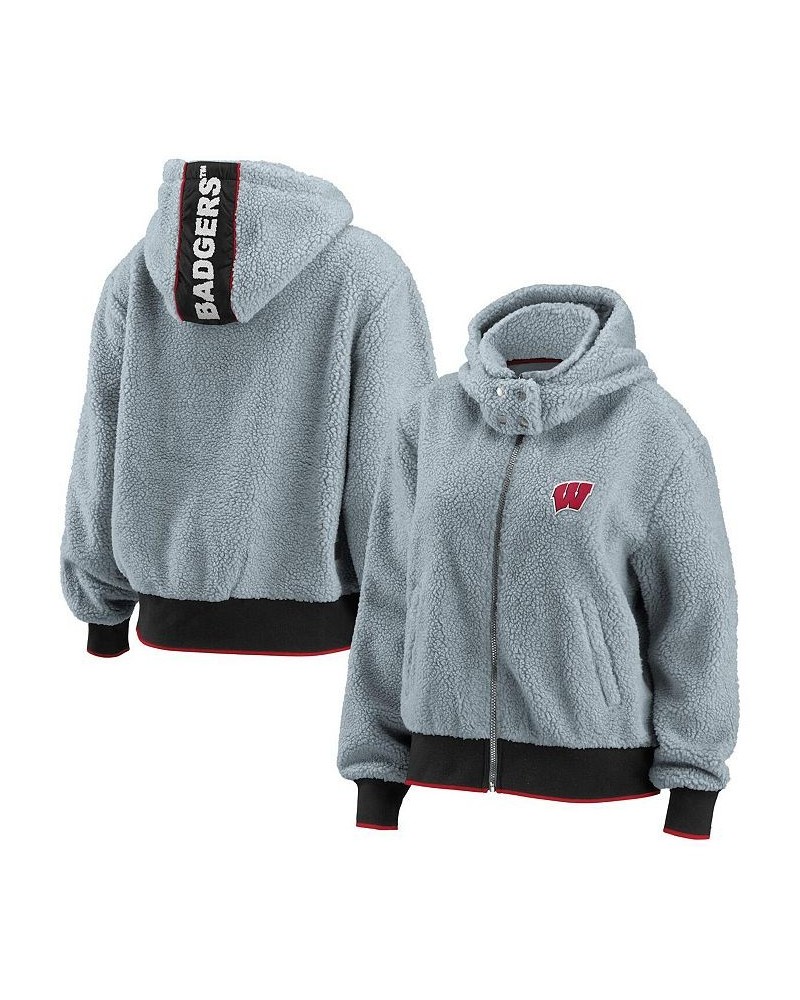 Women's Gray Wisconsin Badgers Sherpa Full-Zip Hoodie Jacket Gray $47.00 Jackets