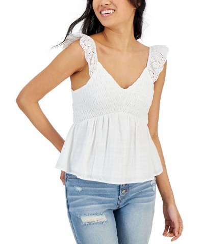 Juniors' Eyelet Flutter-Sleeve Smocked Top Ivory/Cream $19.20 Tops