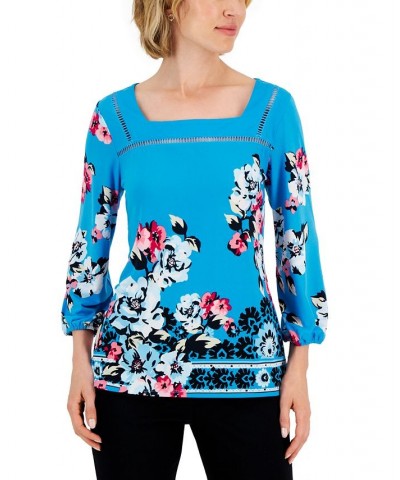 Women's Floral Folkdance Square-Neck Top Blue $17.81 Tops