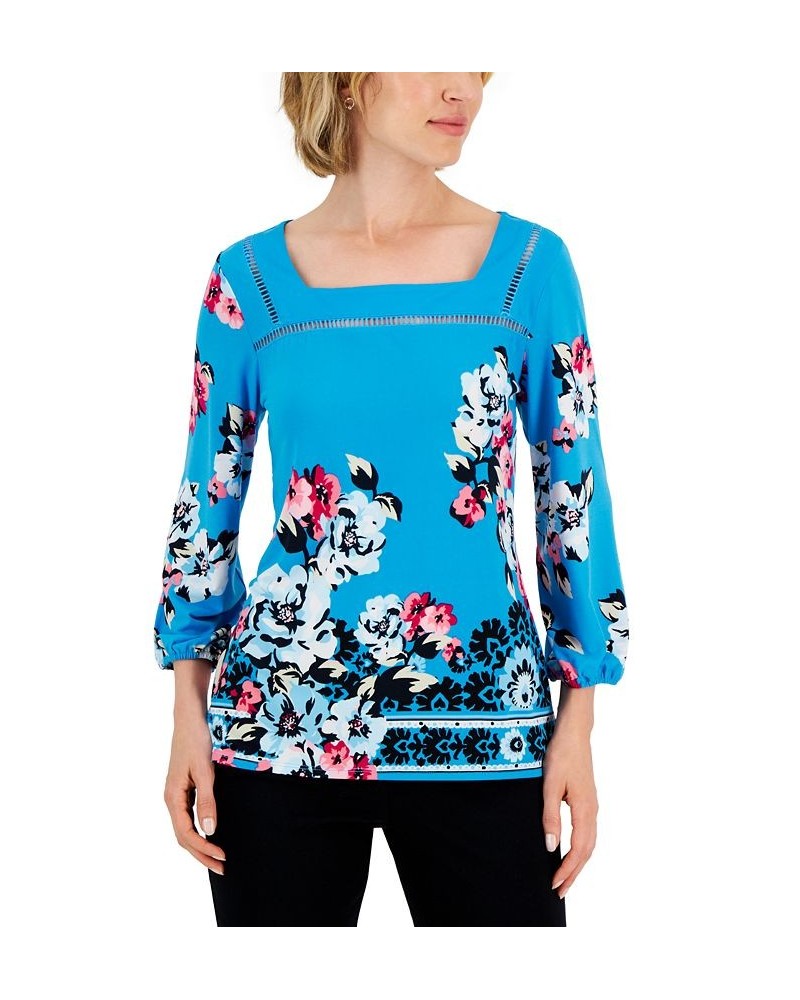 Women's Floral Folkdance Square-Neck Top Blue $17.81 Tops