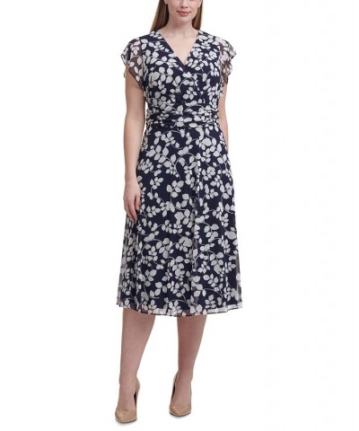 Plus Size Printed Flutter-Sleeve Ruched-Waist Midi Dress Navy Ivory $29.67 Dresses