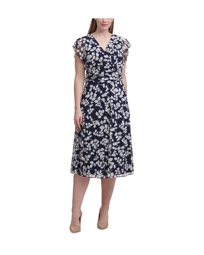 Plus Size Printed Flutter-Sleeve Ruched-Waist Midi Dress Navy Ivory $29.67 Dresses