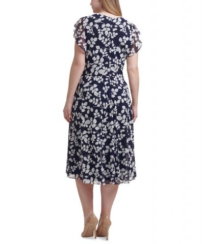 Plus Size Printed Flutter-Sleeve Ruched-Waist Midi Dress Navy Ivory $29.67 Dresses