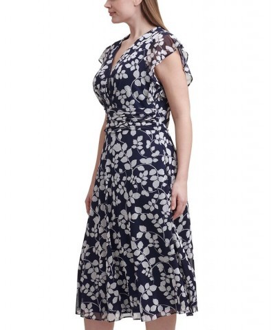 Plus Size Printed Flutter-Sleeve Ruched-Waist Midi Dress Navy Ivory $29.67 Dresses