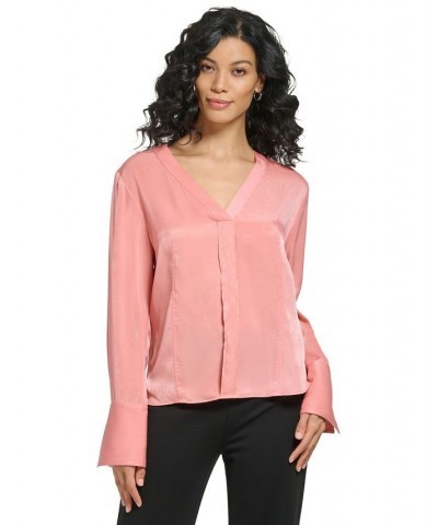 Women's V-Neck Pleat-Front Long-Sleeve Top Rouge Blush $22.14 Tops