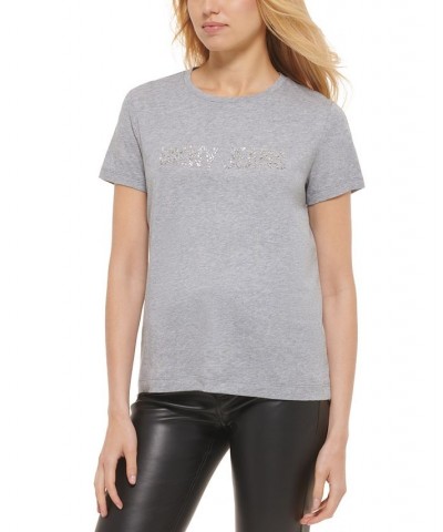 Women's Rhinestone-Logo Crewneck T-Shirt Ave Grey Heather/Silver $19.07 Tops