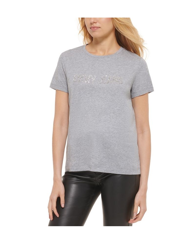 Women's Rhinestone-Logo Crewneck T-Shirt Ave Grey Heather/Silver $19.07 Tops