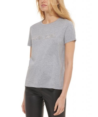 Women's Rhinestone-Logo Crewneck T-Shirt Ave Grey Heather/Silver $19.07 Tops