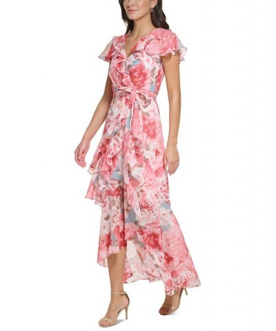 Women's Floral-Print Chiffon Asymmetrical-Ruffled Faux-Wrap Maxi Dress Blush $65.34 Dresses