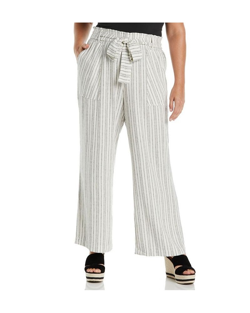 Plus Size Stripe Wide Leg Linen Blend Paper Bag Pants Snow White $48.51 Pants