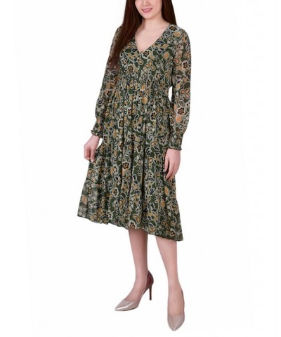Women's Long Sleeve Clip Dot Chiffon Dress with Smocked Waist and Cuffs Dress Olive Floral $20.00 Dresses