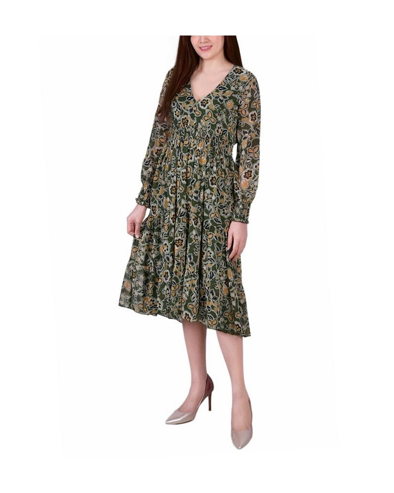 Women's Long Sleeve Clip Dot Chiffon Dress with Smocked Waist and Cuffs Dress Olive Floral $20.00 Dresses