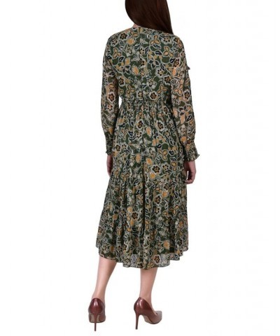 Women's Long Sleeve Clip Dot Chiffon Dress with Smocked Waist and Cuffs Dress Olive Floral $20.00 Dresses