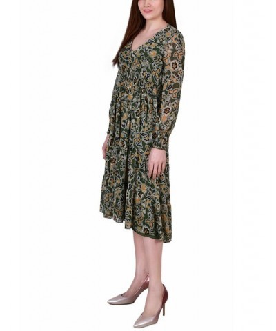 Women's Long Sleeve Clip Dot Chiffon Dress with Smocked Waist and Cuffs Dress Olive Floral $20.00 Dresses