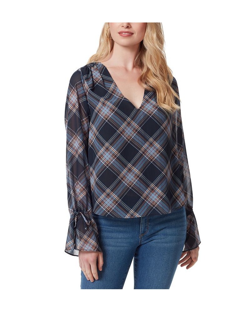 Women's Aurora Plaid Long-Sleeve Blouse Blue $27.70 Tops