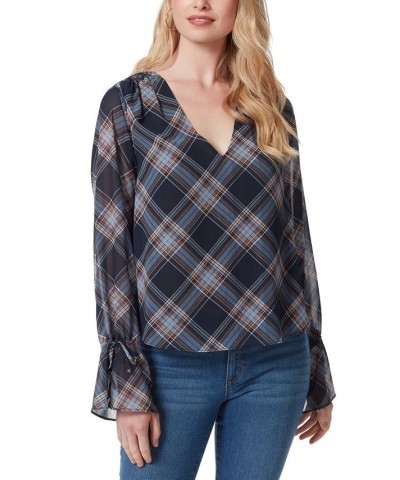 Women's Aurora Plaid Long-Sleeve Blouse Blue $27.70 Tops