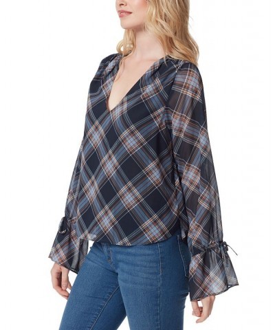 Women's Aurora Plaid Long-Sleeve Blouse Blue $27.70 Tops