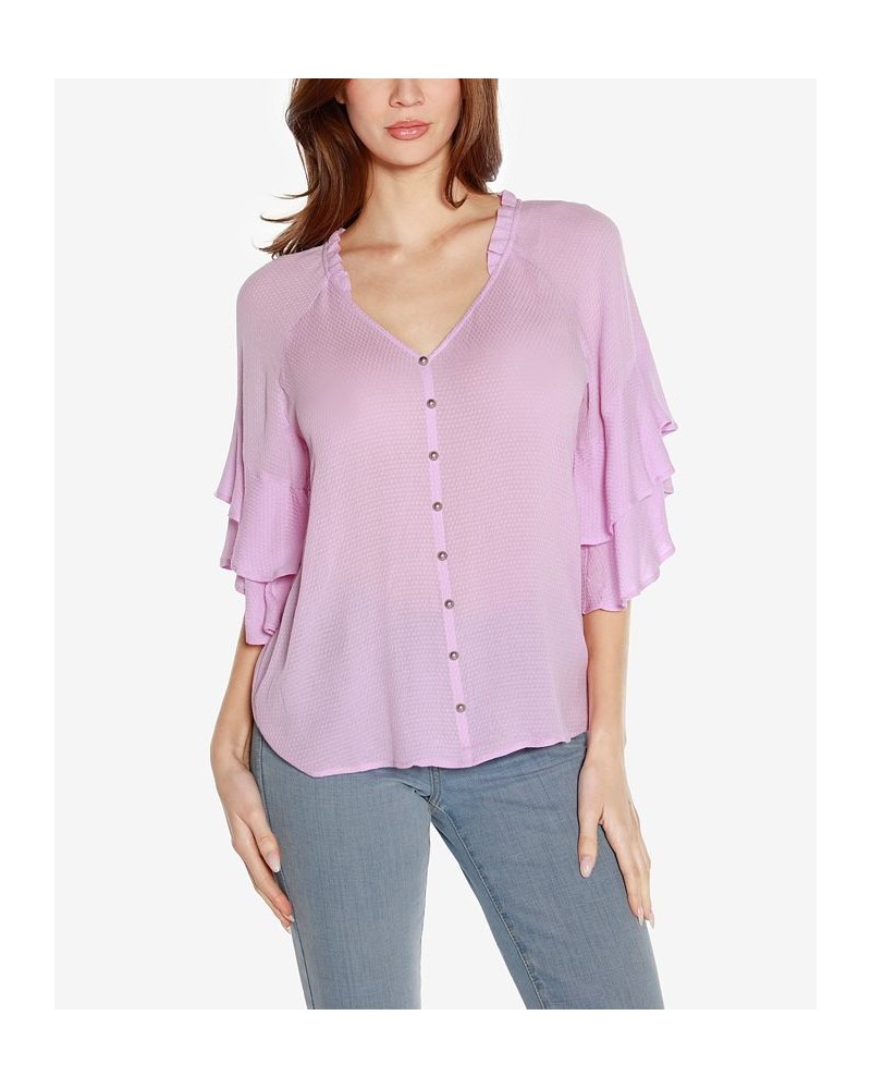 Black Label Women's Ruffle Sleeve Button Front Top Purple $34.65 Tops