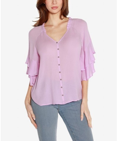 Black Label Women's Ruffle Sleeve Button Front Top Purple $34.65 Tops