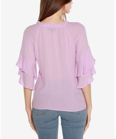 Black Label Women's Ruffle Sleeve Button Front Top Purple $34.65 Tops