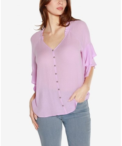 Black Label Women's Ruffle Sleeve Button Front Top Purple $34.65 Tops