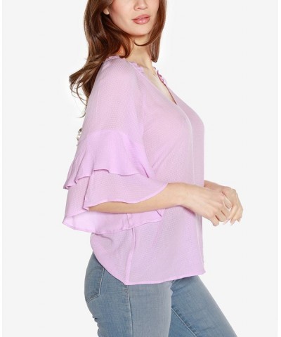 Black Label Women's Ruffle Sleeve Button Front Top Purple $34.65 Tops