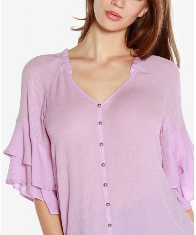 Black Label Women's Ruffle Sleeve Button Front Top Purple $34.65 Tops