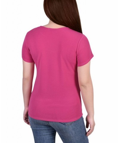 Petite Short Sleeve Crepe Knit Top Pink $16.20 Tops