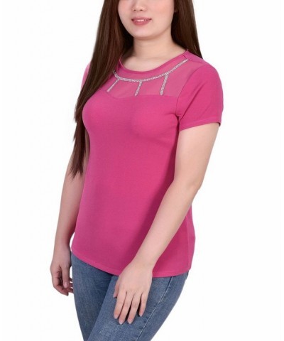 Petite Short Sleeve Crepe Knit Top Pink $16.20 Tops