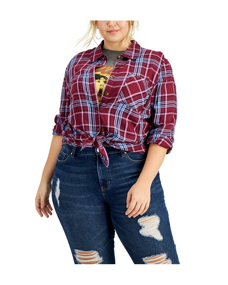 Plus Size Plaid Button-Down Top Burgundy Plaid $14.17 Tops