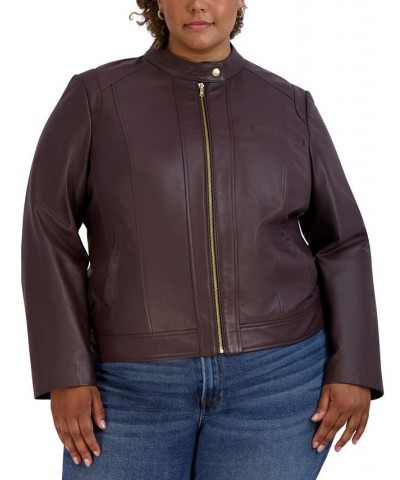 Women's Plus Size Stand-Collar Leather Moto Coat Purple $118.80 Coats