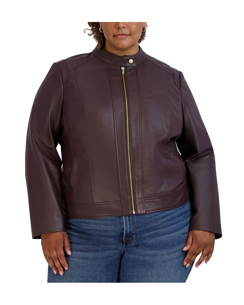 Women's Plus Size Stand-Collar Leather Moto Coat Purple $118.80 Coats