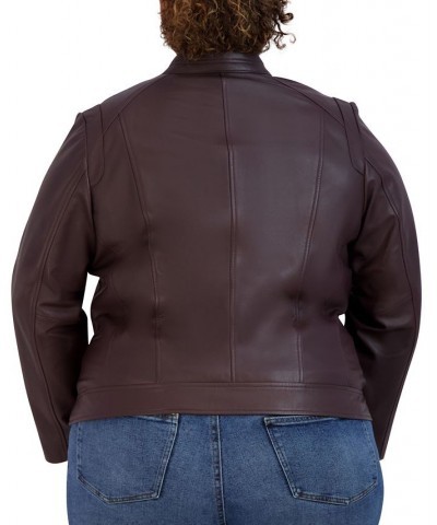 Women's Plus Size Stand-Collar Leather Moto Coat Purple $118.80 Coats