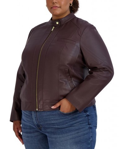 Women's Plus Size Stand-Collar Leather Moto Coat Purple $118.80 Coats