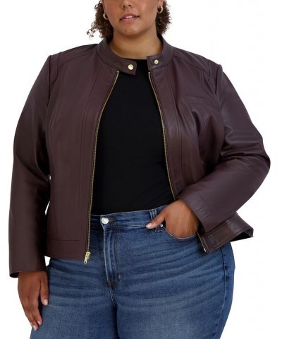 Women's Plus Size Stand-Collar Leather Moto Coat Purple $118.80 Coats