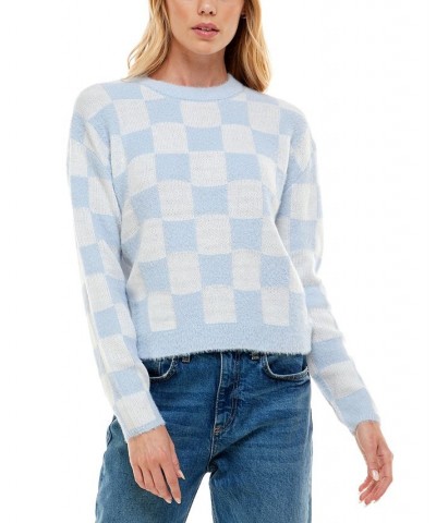 Juniors' Checkerboard Crewneck Sweater Blue $15.29 Sweaters