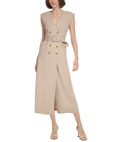 Women's Padded-Shoulder Trench Maxi Dress Mushroom $76.97 Dresses