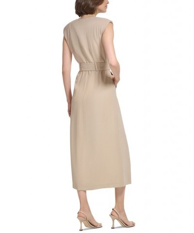 Women's Padded-Shoulder Trench Maxi Dress Mushroom $76.97 Dresses