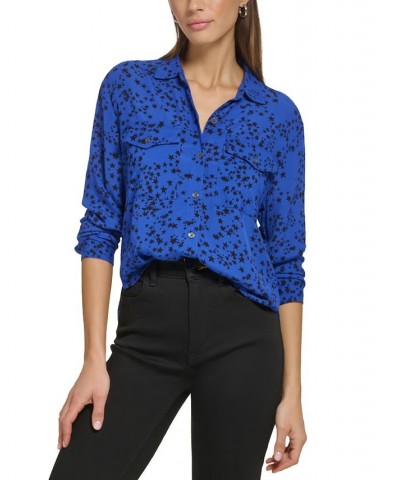 Women's Star-Print Button-Front High-Low Top Deep Cobalt Black $29.27 Tops