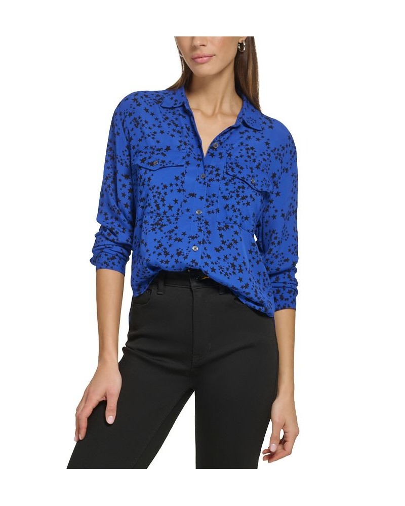 Women's Star-Print Button-Front High-Low Top Deep Cobalt Black $29.27 Tops