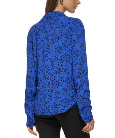 Women's Star-Print Button-Front High-Low Top Deep Cobalt Black $29.27 Tops