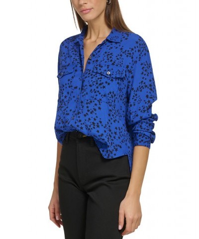 Women's Star-Print Button-Front High-Low Top Deep Cobalt Black $29.27 Tops